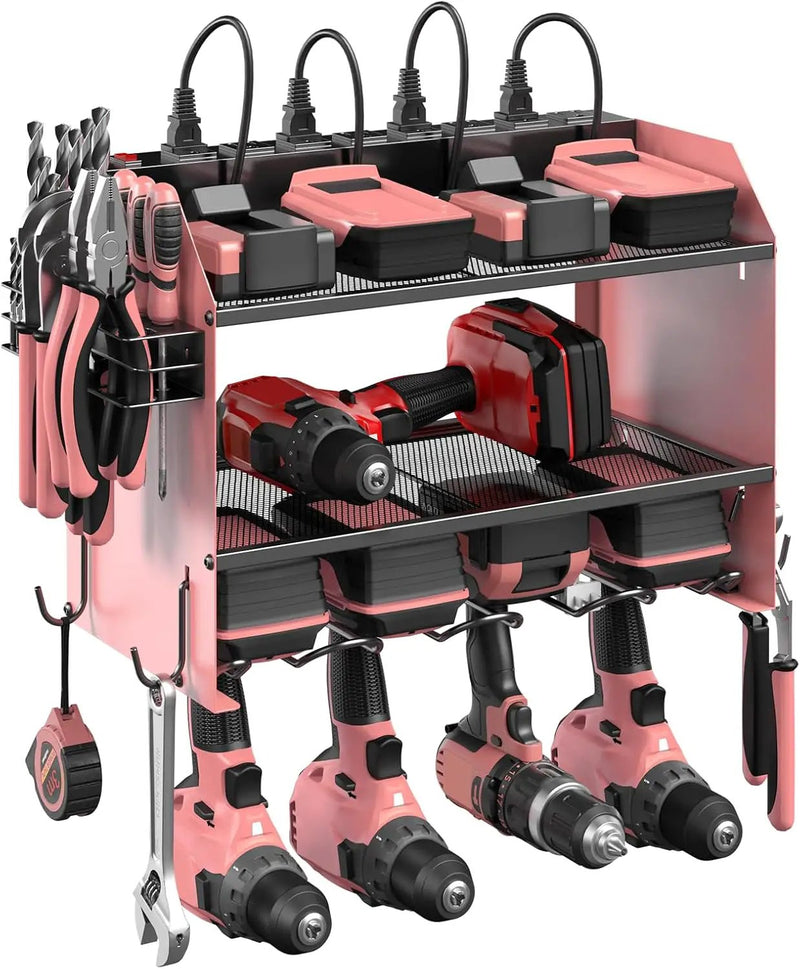 CCCEI Modular Power Tool Organizer Wall Mount with Charging Station. Garage 4 Drill Storage Shelf with Hooks, Drill Bit Heavy Duty Rack, Pink Tool Battery Holder Built in 8 Outlet Power Strip. by GreenHaven Gardens