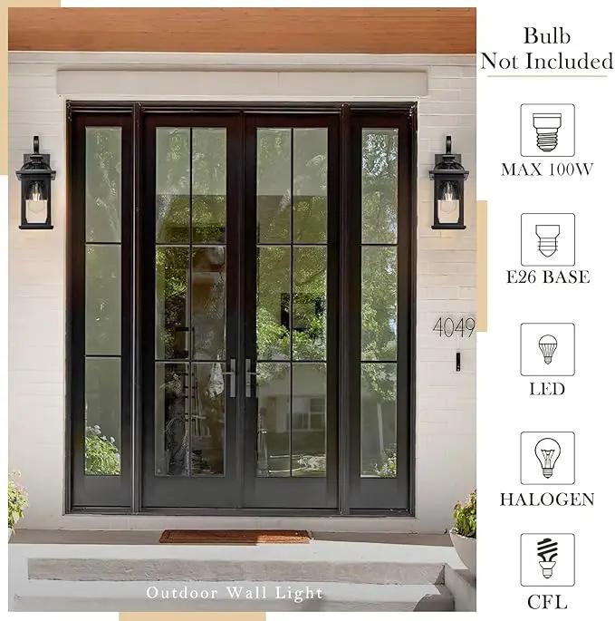 zeyu Outdoor Porch Light Wall Light Fixture, 15 Inch Exterior Wall Lighting for House, Die-Cast Aluminum with Seeded Glass, Black Finish, ZD100B BK by GreenHaven Gardens