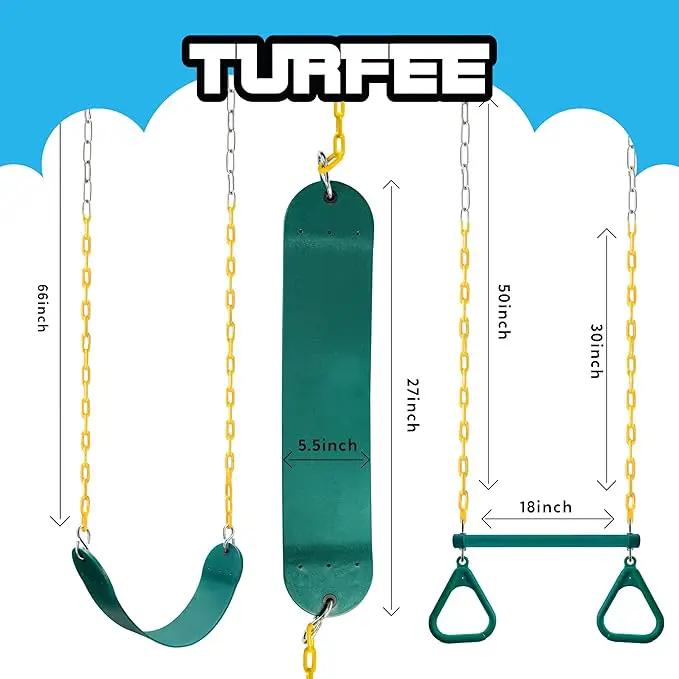 TURFEE 3 Pack Assorted Swing Set, Including 1 Gym Rings Trapeze Bar and 2 Pcs Swings with Plastic Coated Chain, Swingset Accessories Replacement for Kids Outdoor Play, Playground- Green by GreenHaven Gardens