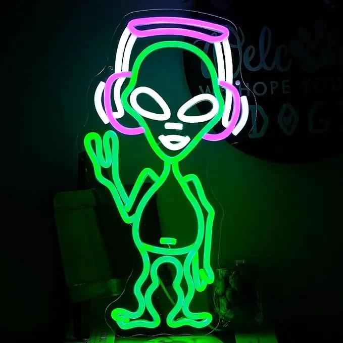 Alien Neon Sign for Wall Decor - Green Music Neon Light Dimmable Cool LED Light Up Sign for Music Studio, Game Room, Party, Bar, Man Cave Decoration by GreenHaven Gardens