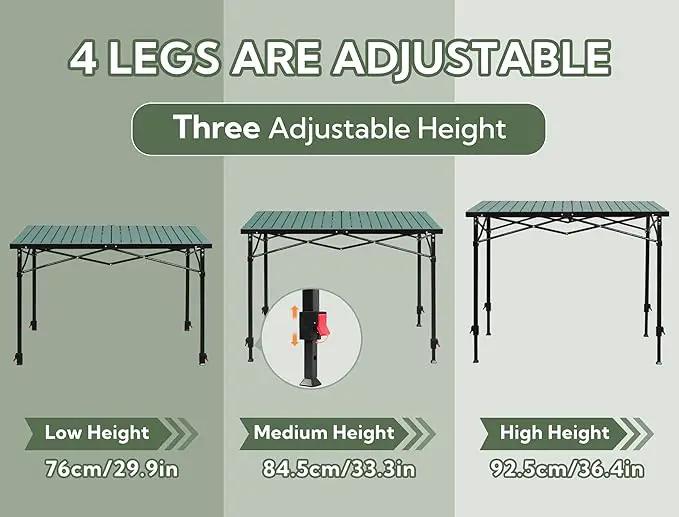 Portable Outdoor Adjustable Height Camping Table, Large for 2-6 Person, Foldable Roll-up Aluminum Camp Table with Carry Bag for Picnic, Camp, Sturdy, Stable, Loads 220 Lbs (Green) by GreenHaven Gardens