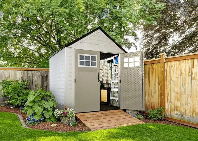 Rubbermaid 7 Foot by 7 Foot Weatherproof Outdoor Storage Shed for Garden Tools and Lawn Machinery Organization with Lockable Double Door Sandstone by GreenHaven Gardens