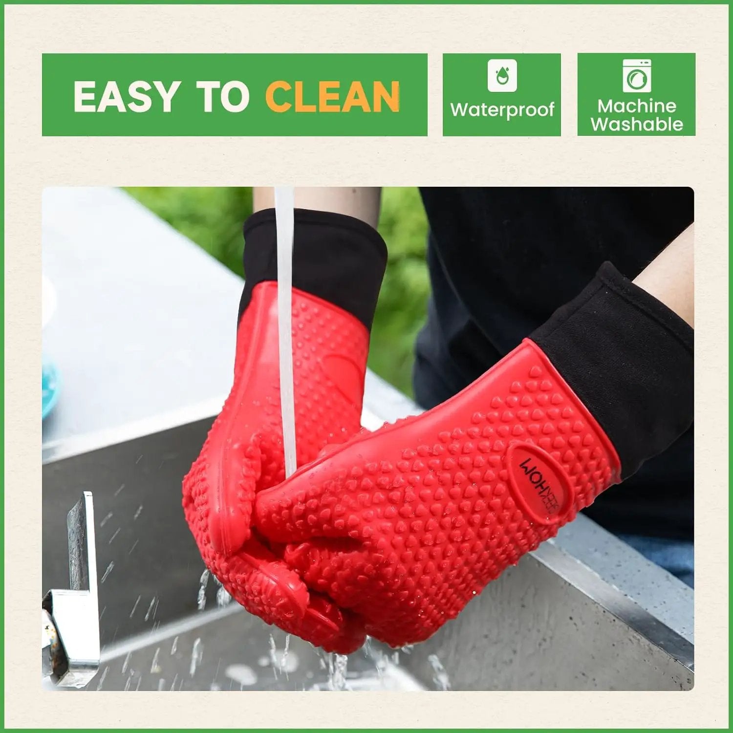 GEEKHOM BBQ Gloves Heat Resistant Oven Mitts - Silicone Grilling Gloves with 13.7" Arm Protection - Waterproof Pot Holder Non-Slip for Men & Women, Kitchen Outdoor Cooking, Baking, Camping, Red by GreenHaven Gardens