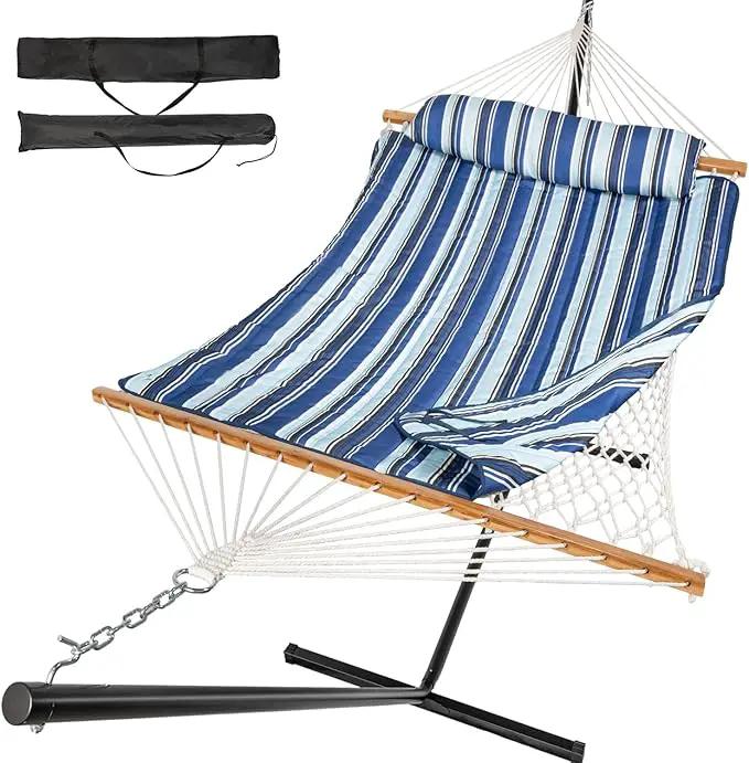 2 Person Outdoor Hammock with Stand, Cotton Rope Hammock with Polyester Pad, Adjustable Steel Frame, Portable with Carrying Bag – for Patio, Backyard, Garden, Beach, Blue Stripe by GreenHaven Gardens