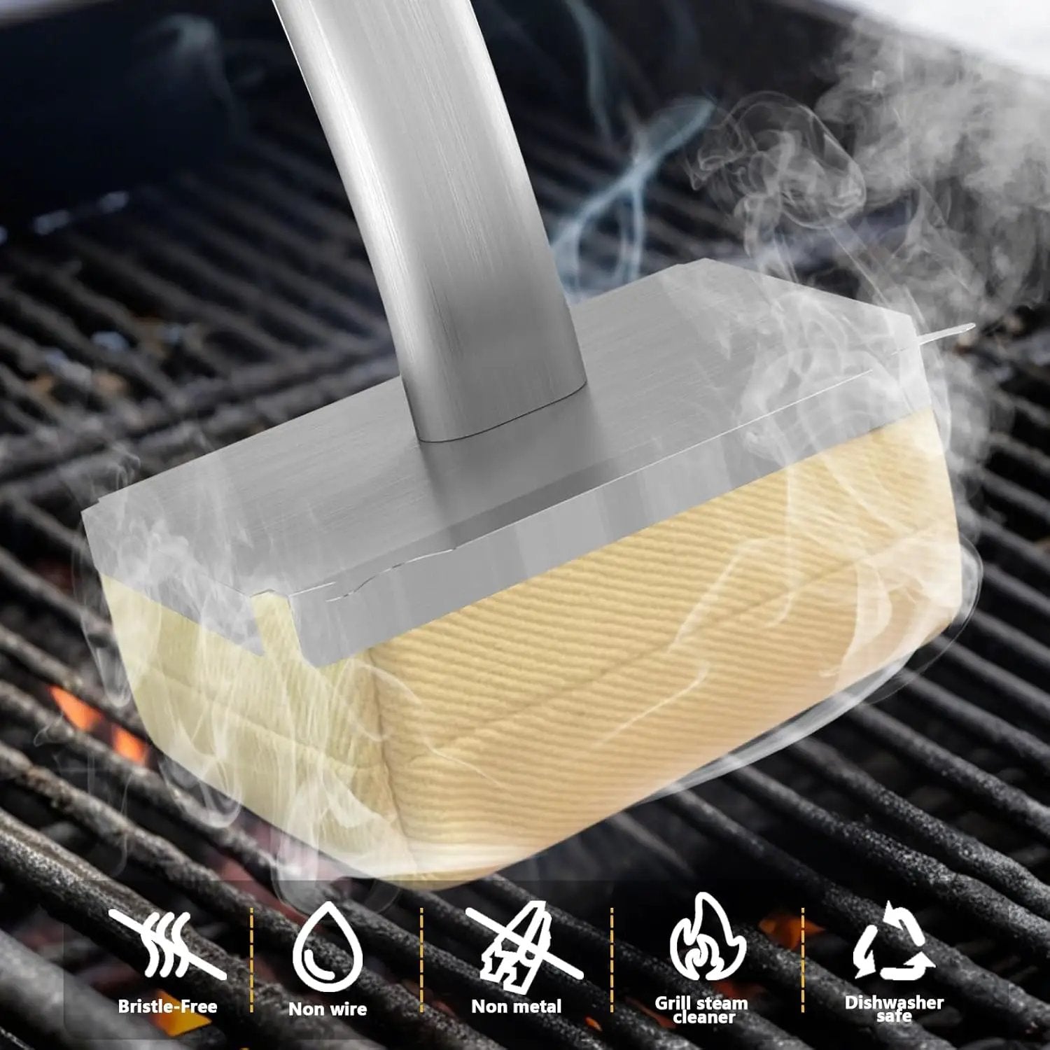 Grill Brush Bristle Free with Hanging Loop,BBQ Safe steam Grill Brush Non Metal bristles,Stainless Steel Cleaning Brush,Includes 2 Replaceable Heads Red by GreenHaven Gardens