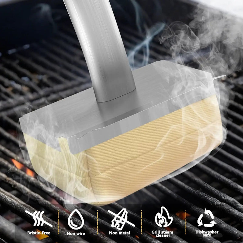 Grill Brush Bristle Free with Hanging Loop,BBQ Safe steam Grill Brush Non Metal bristles,Stainless Steel Cleaning Brush,Includes 2 Replaceable Heads Red by GreenHaven Gardens