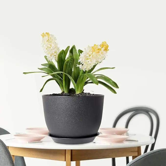 12 inch Large Plant Pots, Plastic Planters with Drainage Holes and Saucers, Flower Pots for Indoor Outdoor Plants, Modern Decorative Pots for Garden House Plants, Black by GreenHaven Gardens