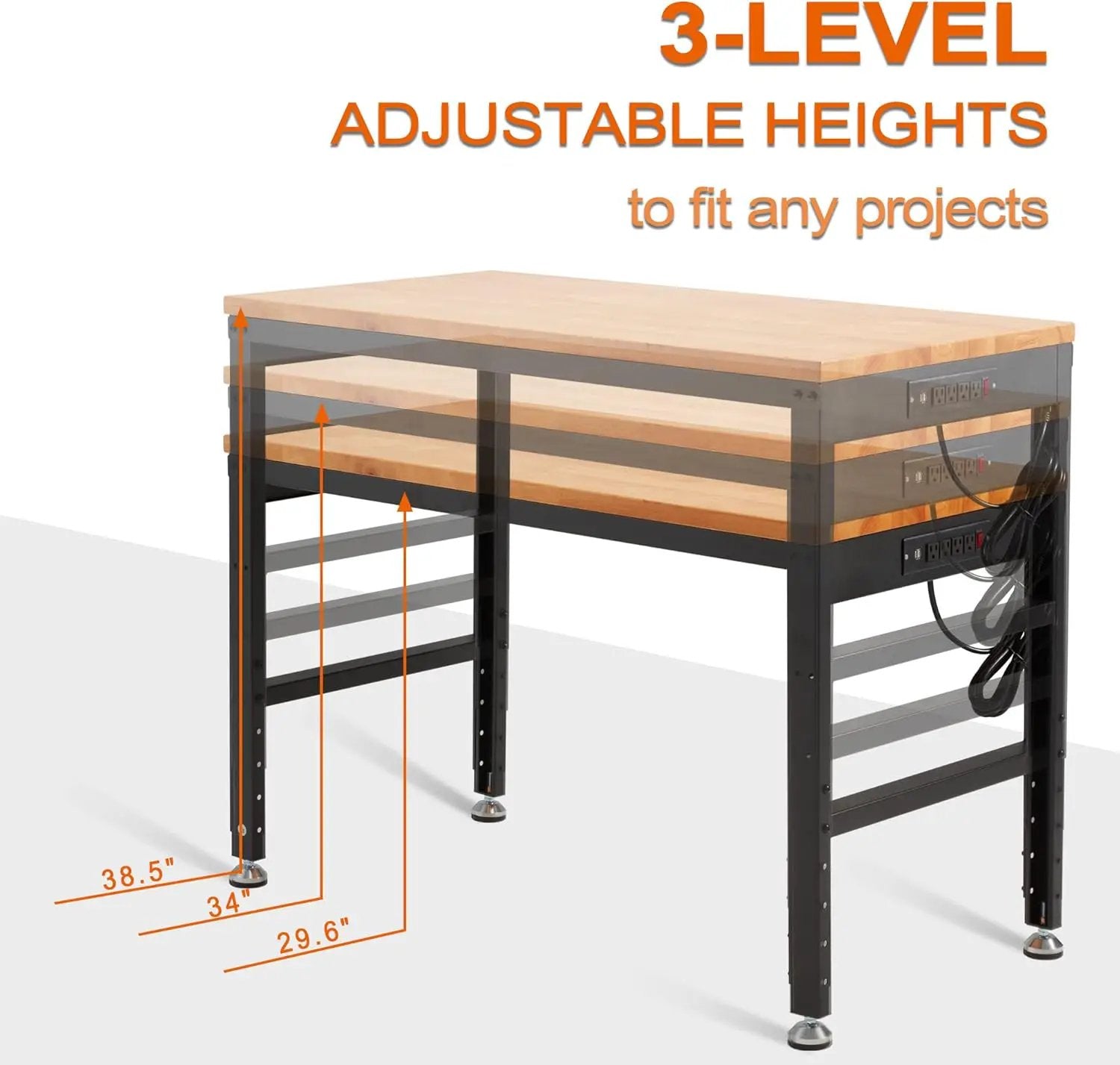 Haddockway Adjustable Workbench for Garage,48"x 24" Rubber Wood Top Worktable with Power Outlets, Max 2000 Lbs Load Capacity Heavy Duty Workstation for Workshop Office Home (Black Frame, 48in) by GreenHaven Gardens