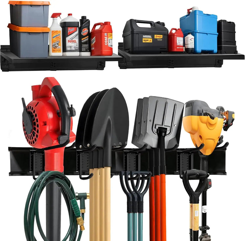 Heavy-Duty Garage Wall Storage System | Wall Mounted Tool Organizer Rack with Shelving | 12-Piece Mounting Kit | 6x10” Double-Layered Hooks & 2x24” Floating Utility Shelves by GreenHaven Gardens