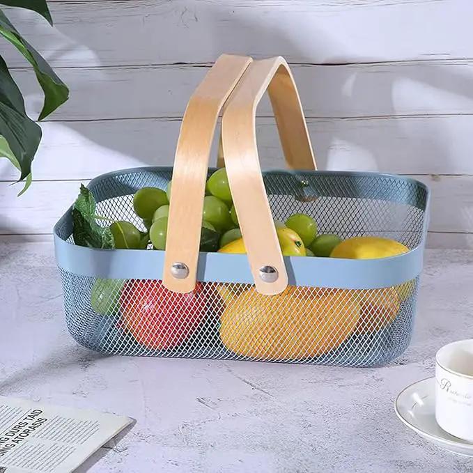 Metal Mesh Steel Basket, Storage Organizer Baskets Garden Harvest Basket Multi-functional Kitchen Fruit Baskets Bin with Wooden Handle for Bathroom Picnic Shopping Decor Cabinet Home, Blue by GreenHaven Gardens