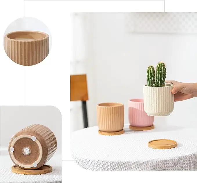 OMAYKEY 4 Inch Ceramic Plant Pot with Saucer, Adorable Stripe Multicolor Small Planters Pots with Drainage Hole & Mesh Pads for Succulent, Snake Plants, Cactus, Herbs - Set of 4 by GreenHaven Gardens