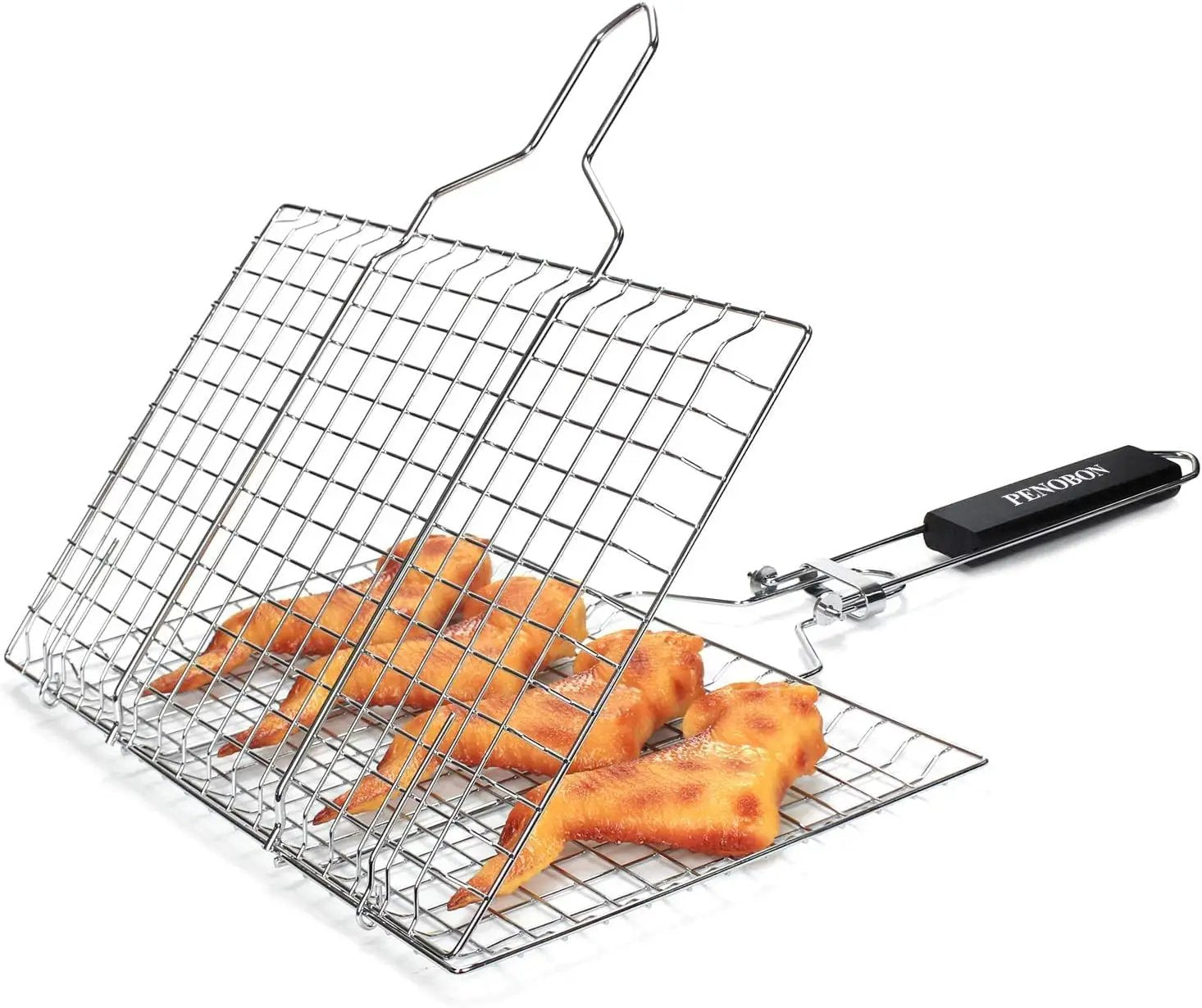 Fish Grilling Basket, Folding Portable Stainless Steel BBQ Grill Basket for Fish Vegetables Shrimp with Removable Handle, Come with Basting Brush and Storage Bag by GreenHaven Gardens