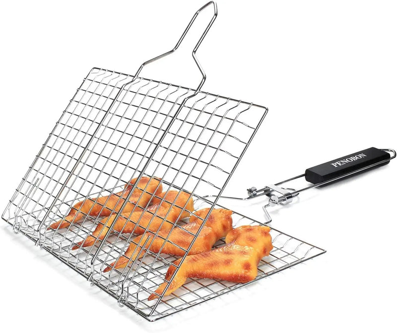 Fish Grilling Basket, Folding Portable Stainless Steel BBQ Grill Basket for Fish Vegetables Shrimp with Removable Handle, Come with Basting Brush and Storage Bag by GreenHaven Gardens