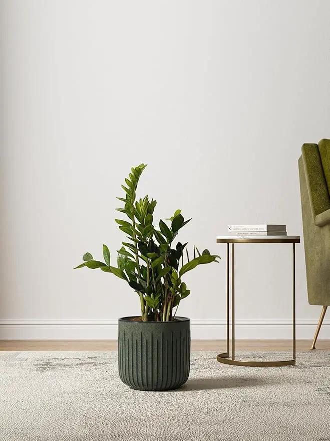 LE TAUCI Fluted Ceramic Planters Set of 3 – 8.3/7 / 5.7 in Dark Olive Reactive Cylinder Indoor Plant Pots with Drainage Plug & Mesh, Glossy Stoneware Flower Pots for Succulents Herbs by GreenHaven Gardens