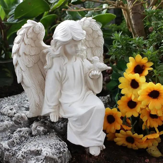 Angel Garden Statue, Sitting Angel Sculpture, Resin Angel with Bird Figurine for Patio Yard Porch Lawn Outdoor Decor Home Shelf Sitter Memorial Spiritual Gifts by GreenHaven Gardens