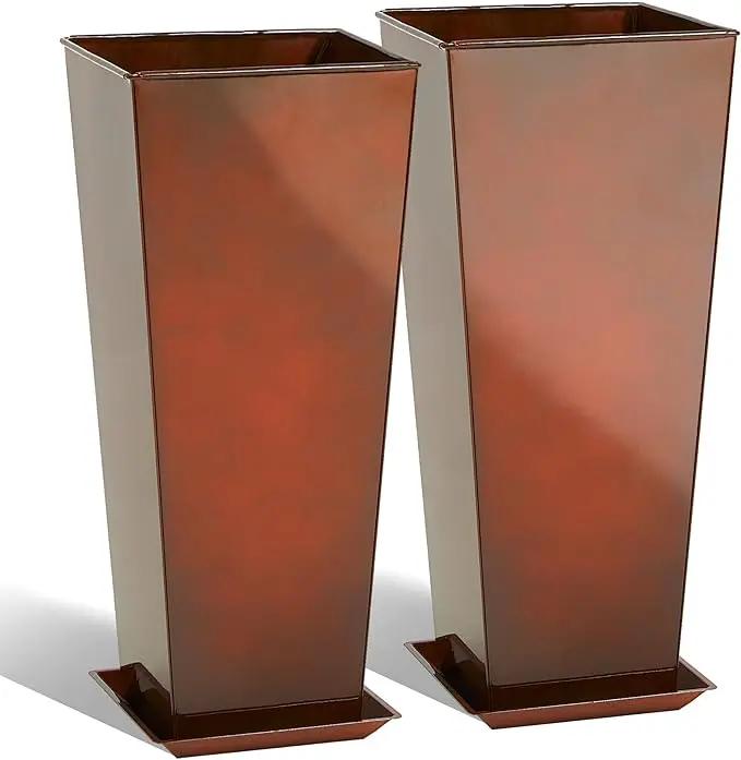 KOL 28''H. Tall Galvanized Steel Glazed Planter with Saucer, Set of 2, Planter Pots with Insert for Indoor & Outdoor Use, Decorative Flower Plant Pots for Front Porch, Patio, Deck - Reddish Brown by GreenHaven Gardens