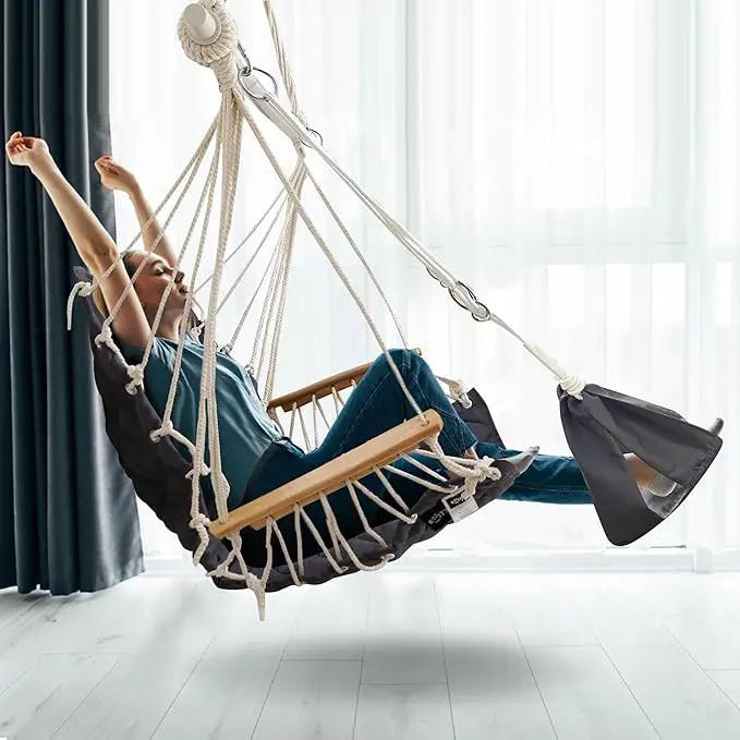 Patio Swing Chair with Adjustable Footrest & Headrest-Quilted Fabric&Steel Spreader Bar, Wooden Armrests for Porch/Garden;350lbs Capacity;Hardware kit Included Dark Grey by GreenHaven Gardens
