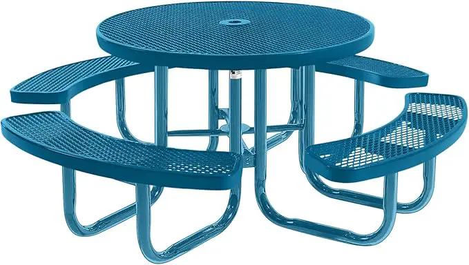 Heavy-Duty Portable Outdoor Picnic Table with Umbrella Hole, Expanded Metal Commercial-Grade Patio Furniture Made in America (46" Round Top, Light Blue with Light Blue Frames) by GreenHaven Gardens