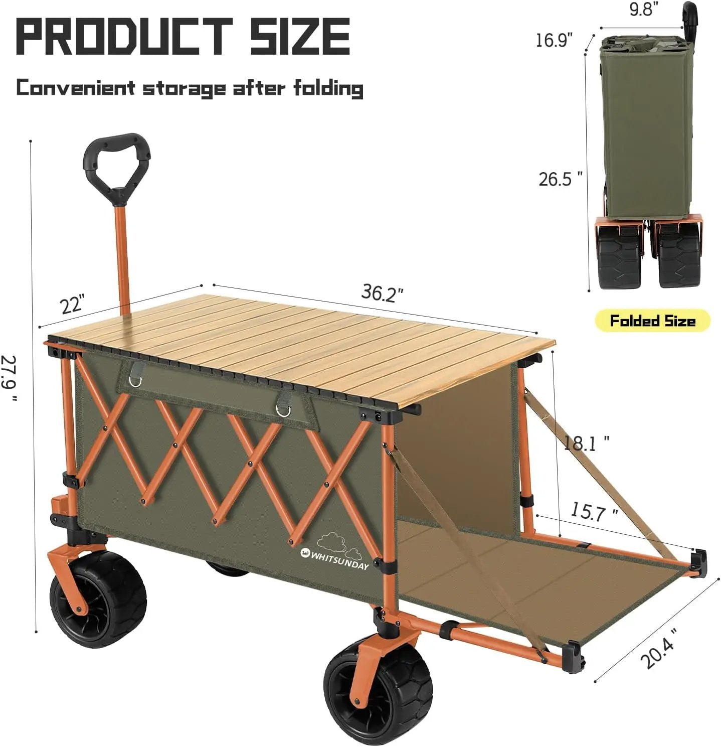 Whitsunday Collapsible Folding Wagon with Table, Heavy Duty Utility Beach Wagons with Opened Tailgate and All-Terrain Wheels for Camping,Garden,Sports (Max Orange) by GreenHaven Gardens