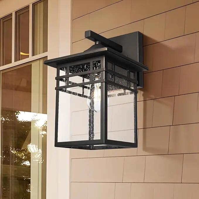 Outdoor Light Fixture Wall Mount, Black Exterior Light Fixture Wall Sconces with Seeded Glass for Front Porch, 9 Inch Large Waterproof Outdoor Square Wall Lantern Outside for House Doorway by GreenHaven Gardens