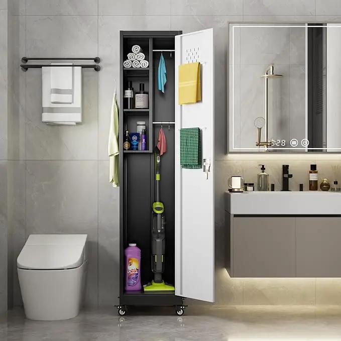 72''H Metal Broom Closet Storage Cabinet with Wheels & Pegboards, Mops Broom Closet Organizer with Locking Door & Hanging Rod,Cleaning Tool Garage Cabinet,Assembly Required,Black White by GreenHaven Gardens