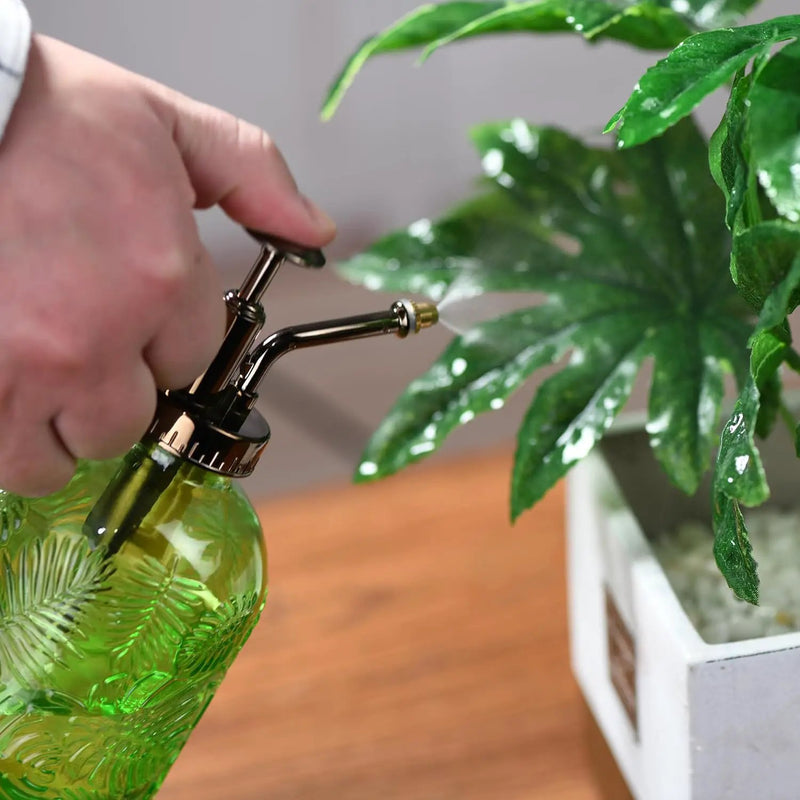 11.8 Ounce Glass Plant Spray Bottle, Glass Leaf Print One Handed Watering Can with Antique Brass Plastic One Handed Top Pump, 7.6 Inch Tall Indoor and Outdoor Plant Small Spray Bottle (Green) by GreenHaven Gardens