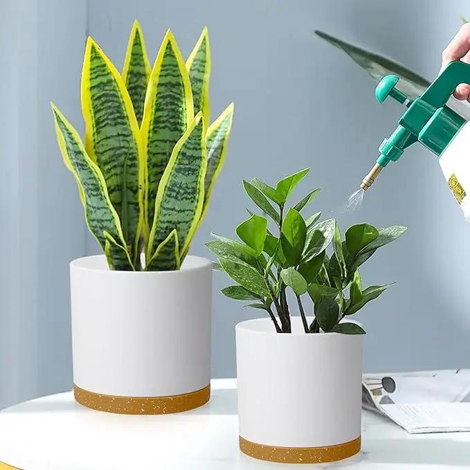 12/10/8 inch Large Flower Pots, 3 Pack Cylinder Deep Plant Pots for Outdoor Indoor Plants, Tall Plastic Planters with Drainage Holes and Saucers for Garden House Plants, White with Brown by GreenHaven Gardens