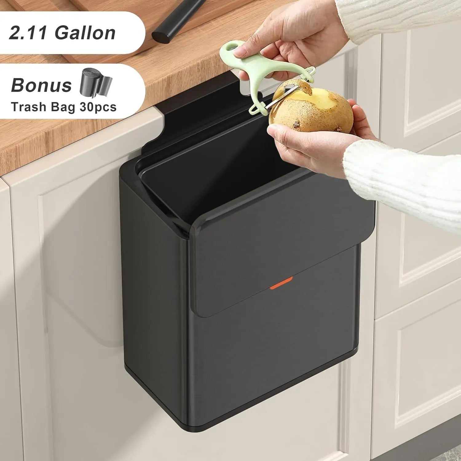 Mbillion Kitchen Compost Bin Hanging Trash Can with Lid 2.1 Gallon Stainless Steel Garbage Can for Kitchen Cabinet Door Mounted Trash Can Under Sink Door RV Bathroom,Brushed Black by GreenHaven Gardens