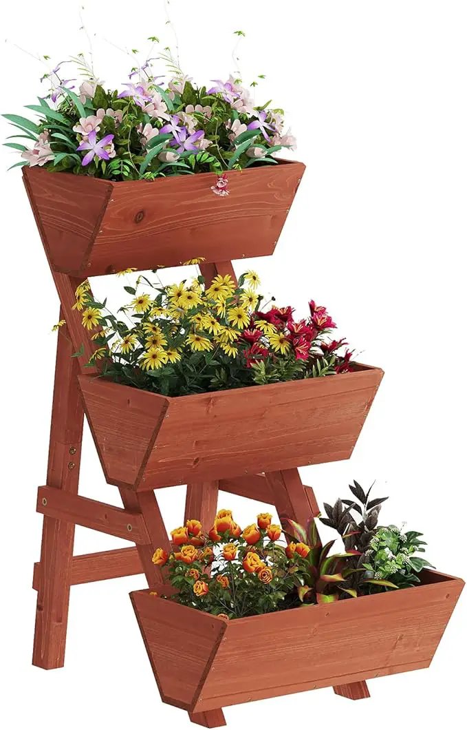 3-Tiers Wooden Raised Garden Bed,Wood Planter Box for Vegetable,Flower Rack,Flower Pot Stands,Indoor Outdoor Gardening Planting Beds (Brick red, Small) by GreenHaven Gardens