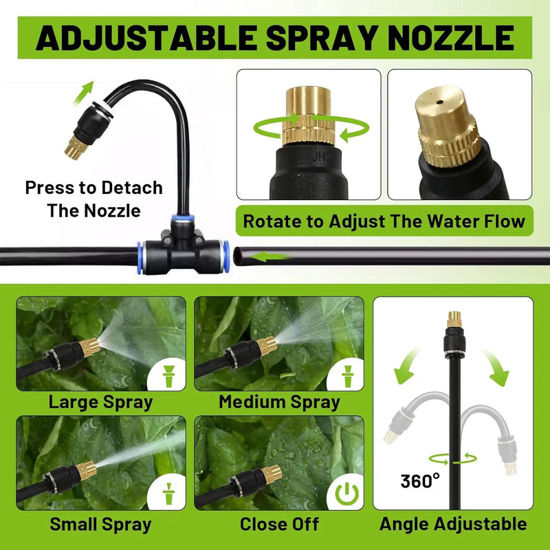 Drip Irrigation Kit - 100 FT. Hose Sprinkler System with 360° nozzles and T-connectors for Gardens, lawns, Plants, Flower beds, Trees, patios and hydroponics (Closeable nozzle-20) by GreenHaven Gardens