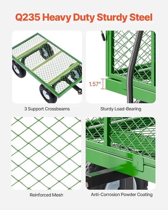 VEVOR 900 Lbs Steel Garden Cart on Wheels, Heavy Duty Pullable Garden Wagon Yard Cart, Outdoor Metal Utility Wagon with 10" Tires and Mesh Removable Sides(Convert to Flatbed), and 180°Rotating Handle by GreenHaven Gardens