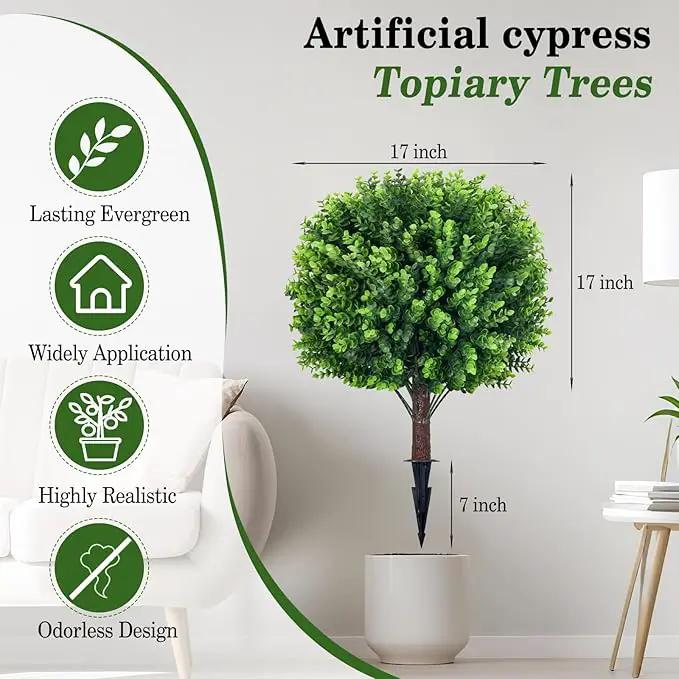 Artificial Topiary Tree with Eucalyptus, Set of 2 UV Resistant 17in Miniature Trees, Outdoor for Porch, Fake Bonsai Topiaries, Greenery Balls, Faux Shrubs for Planters, Curb Appeal Decor by GreenHaven Gardens