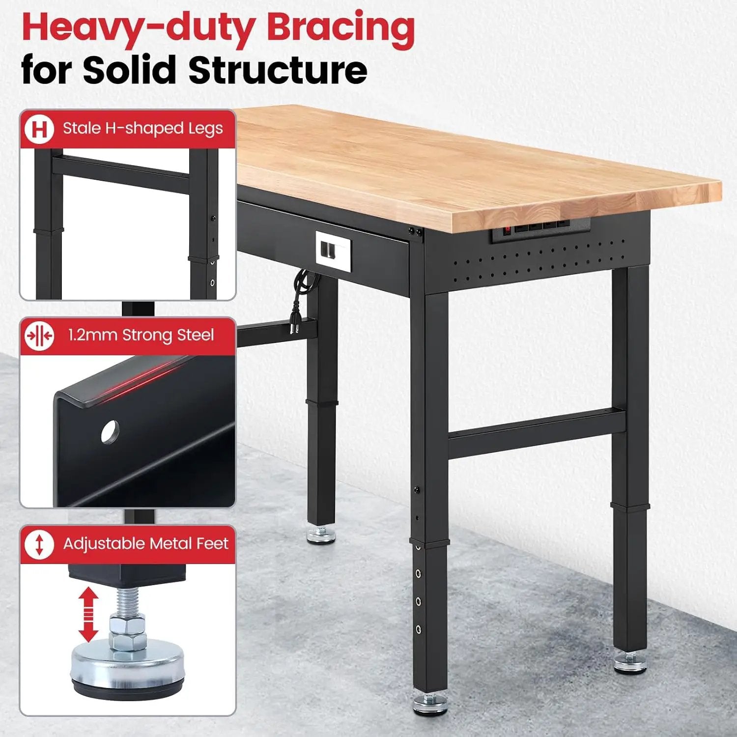Work Bench for Garage with Shelf Bracket 60 x 22 Inch Heavy Duty Rubberwood Tabletop Work Table Adjustable Height Workbench with Drawer, Power Outlets for Woodworking Shop, Home, Office by GreenHaven Gardens
