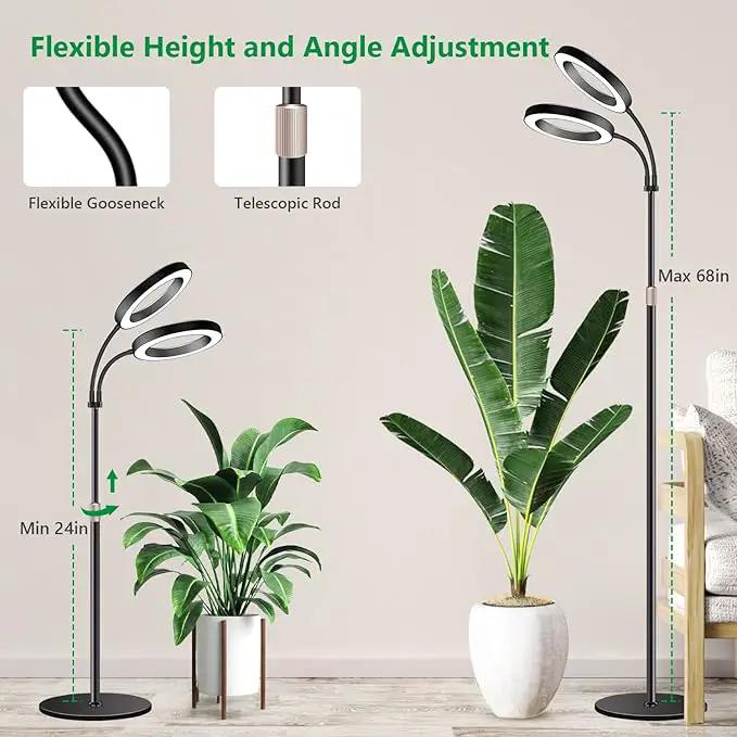 Large Plant Light for Indoor Plants, 2 Head Full Spectrum Grow Light with 68" Adjustable Stand for Growing Large Tall Plants, Black Halo Floor LED Grow Lamp with 16 Hour Timer by GreenHaven Gardens