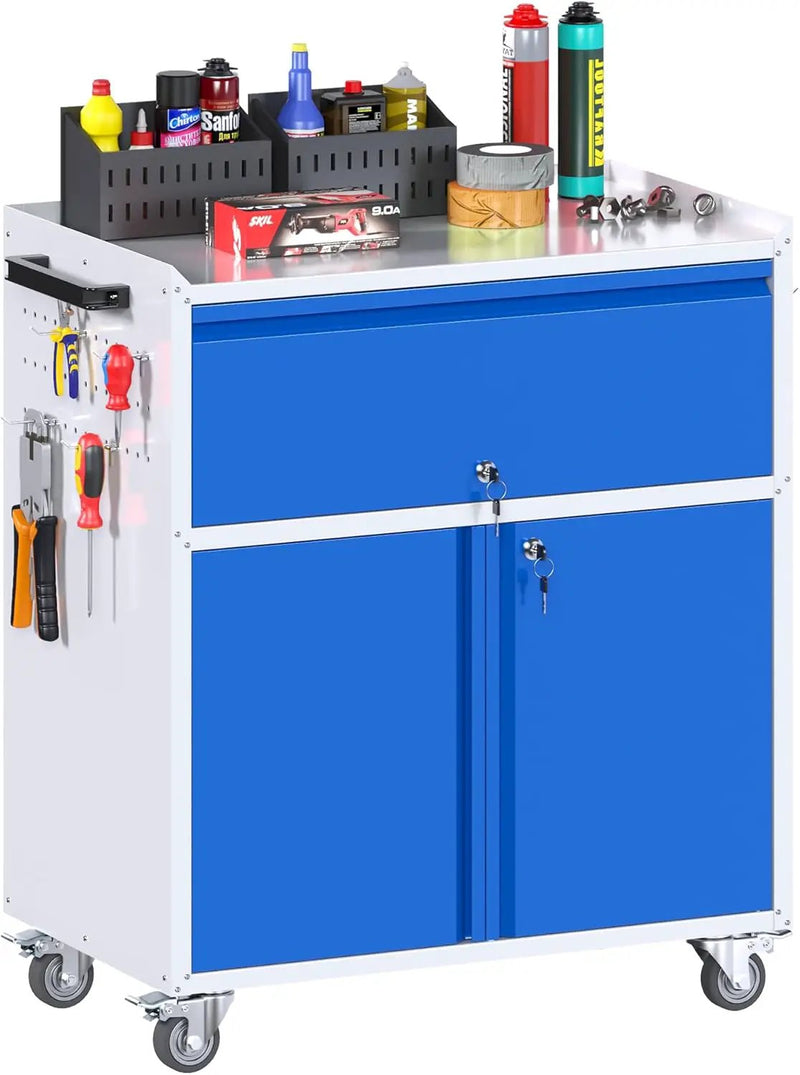 Metal Storage Cabinet on Wheels with 1 Drawer, Rolling Steel Garage Tools Cabinet with Side Pegboard &4 Hooks & 1 Adjustable Shelf for Garage,Shop,Home, Blue/Gray, Assembly Required by GreenHaven Gardens