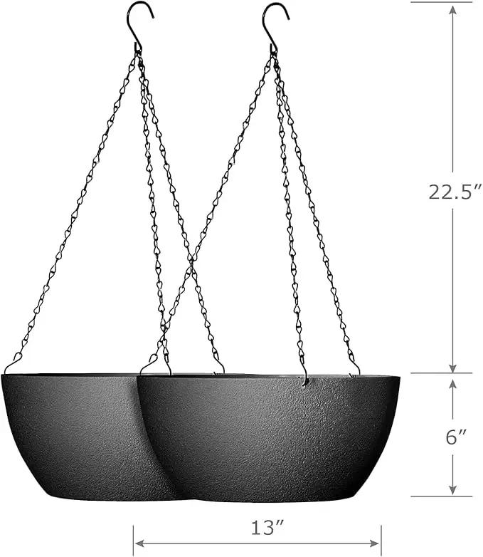 13 inch Large Hanging Planters Plant Pots for Outdoor Indoor Plants with Drainage Holes and Chain, 2 Pack Round Hanging Flower Pots for Garden Home Porch Decor, Black by GreenHaven Gardens