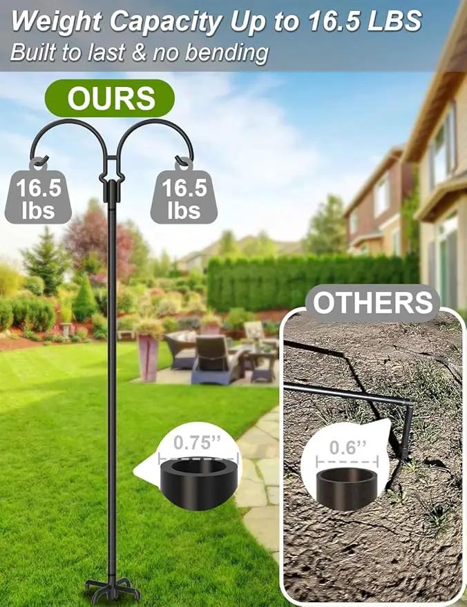 Outdoor Double Shepherds Hook with 5 Prong Base, 60 Inch Adjustable Heavy Duty Two Sided Bird Feeder Pole Stand for Hanging Plant Baskets, Solar Light Lanterns, Hummingbird Feeder, 1 Pack by GreenHaven Gardens