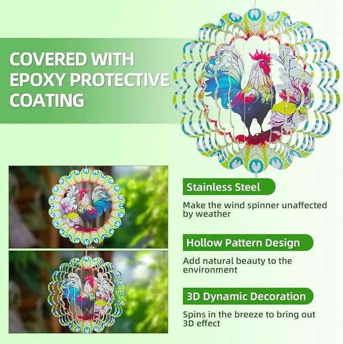 Wind Spinners Outdoor, FACIACC Rooster Metal 3D Hanging Garden Decor, 12-inch Stainless Steel Wind Spinner with Tail Spinner, Wind Sculptures for Indoor Patio Lawn Yard, Ornament Gift for Women/Men by GreenHaven Gardens