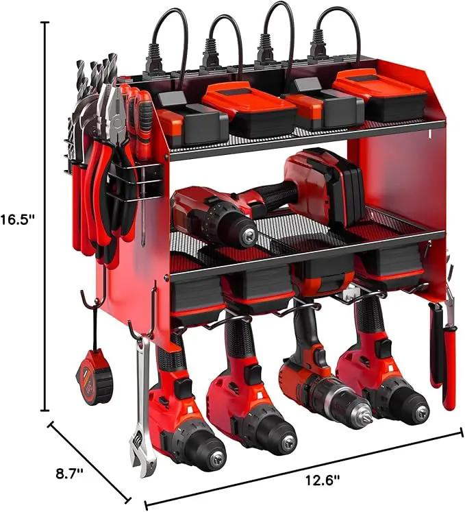 CCCEI Modular Power Tool Organizer Wall Mount with Charging Station. Garage 4 Drill Storage Shelf with Hooks, Screwdriver, Drill Bit Heavy Duty Rack, Tool Battery Holder Built in 8 Outlet Power Strip. by GreenHaven Gardens
