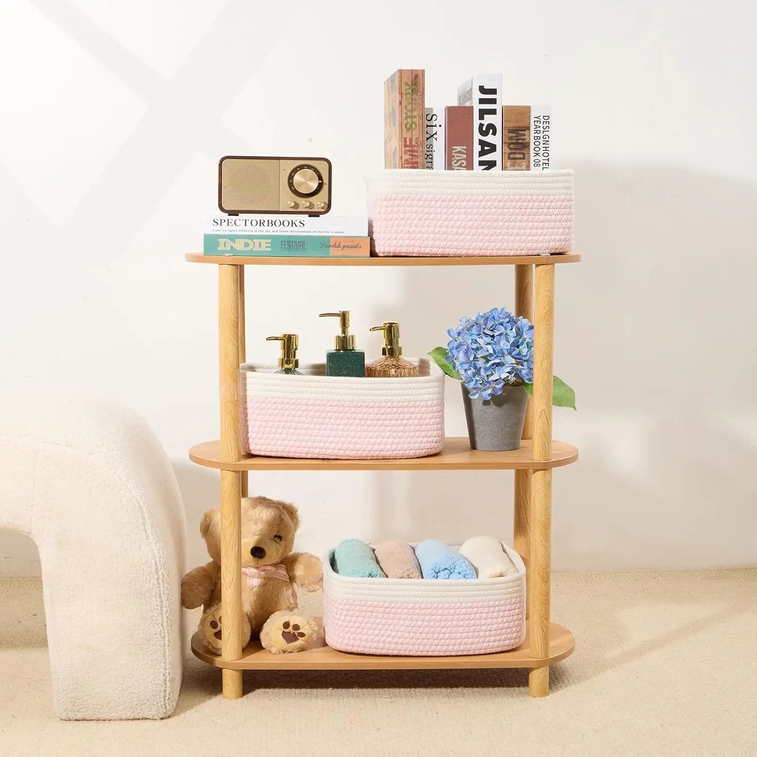 Small Storage Baskets for Organizing | Closet Organizer Bins | Shelf Toy Basket | Woven Rope Baskets | Cube Decorative Box | Shallow Basket | 13x8.5x5.1” | 4 Packs White Pink by GreenHaven Gardens