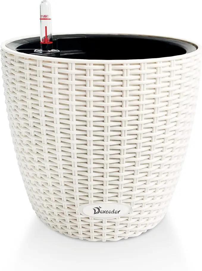 Dexceder 9x8 Inches Rattan Self Watering Planter Indoor Outdoor, Inner Pot Design, Thickened Table Flower Plant Pot with Water Level Indicator (Ivory White) by GreenHaven Gardens
