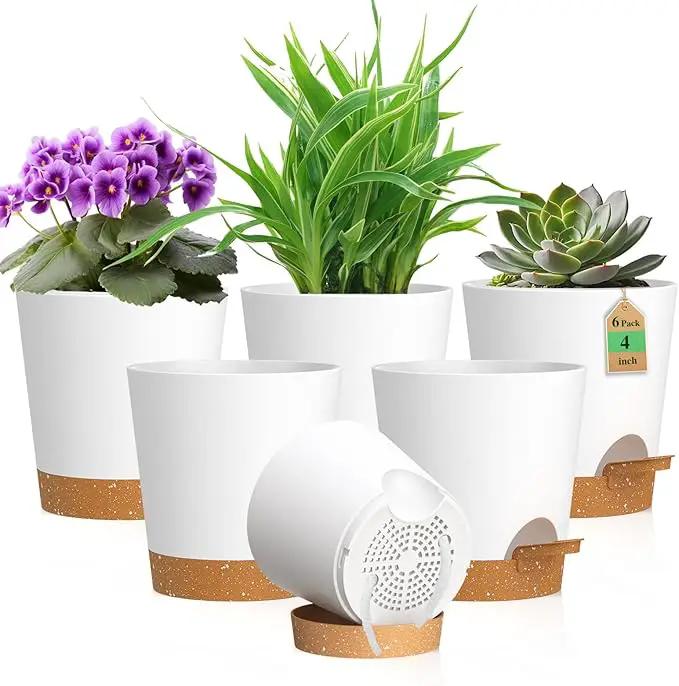 4 inch Self Watering Pots for Indoor Outdoor Plants, 6 Pack Plastic Flower Planters with Drainage Holes and Removable Saucers, Plant Pots with Wicking Rope, Modern Decor, White Brown by GreenHaven Gardens