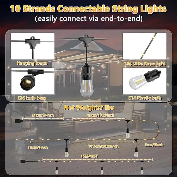 Outdoor String Fairy Lights, 24ft Dimmable Patio Lights with 12+1 S14 Retro Edison Bulbs & 72 Fairy Rope, IP65 Waterproof, LED Outside Hanging Light for Backyard Gazebo Bistro, 10 Strands Connectable by GreenHaven Gardens