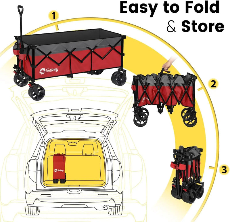 Sekey 48''L Collapsible Foldable Extended Wagon with 440lbs Weight Capacity, Heavy Duty 300L Folding Utility Garden Cart with Big All-Terrain Beach Wheels & Drink Holders. Red&Grey by GreenHaven Gardens