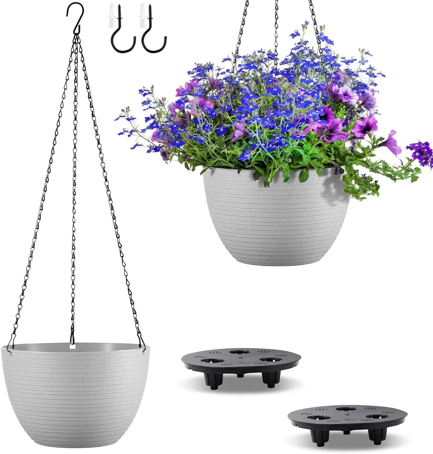 Hanging Planters for Indoor Outdoor Plants, Set of 2 Self Watering Hanging Pots with Drainage Hole & Plug and 20" Chain & Hooks by GreenHaven Gardens