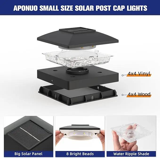 APONUO Solar Post Cap Lights for 4x4 Wood & Vinyl Posts, IP44 Waterproof Cool White LED 4x4 Post Solar Lights, Outdoor Garden Patio Yard Decor, 8 Pack (Black) by GreenHaven Gardens