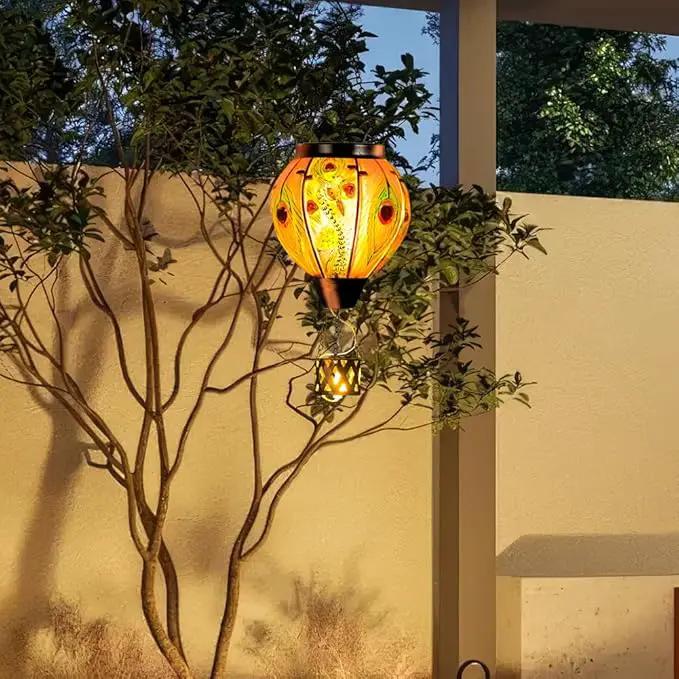 Peacock Hot Air Balloon Solar Lantern with Flickering Flame,Glass Hanging Solar Lanterns Outdoor Waterproof,Hot Air Balloon Decorative Lights for Patio Porch Yard Decor,Peacock Gifts for Women by GreenHaven Gardens