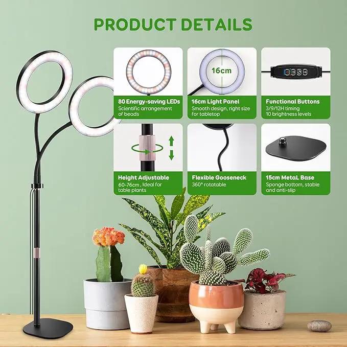 Dual Heads Grow Lights for Indoor Plant Full Spectrum, Desk Halo Plant Lights for Indoor Growing with 3/9/12 Timer, 5 Dimmable Levels,Height Adjustable 9.4-23.6",Strong Metal Base Happy Light by GreenHaven Gardens