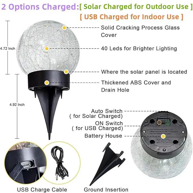 Beautyard Solar Globe Lights Outdoor Large Garden Decor USB Charged 4.72" Diameter 40LED 1000mAh Solar Lights Cracked Glass Globe Power Yard Patio Garden (4.72'' Large 2 Pack Warm White) by GreenHaven Gardens