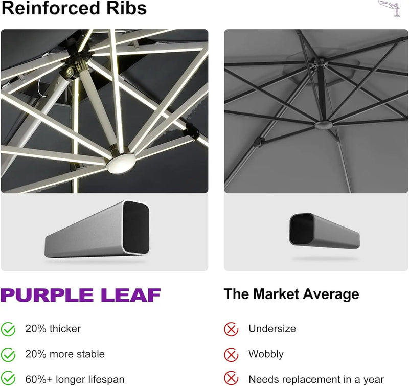 PURPLE LEAF 10' X 13' Double Top Deluxe Solar Powered LED Rectangle Patio Umbrella Offset Hanging Umbrella Outdoor Cantilever Umbrella, Grey by GreenHaven Gardens